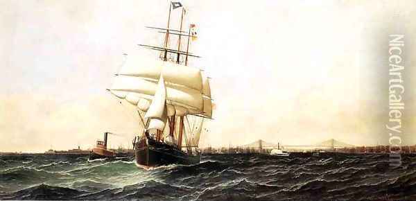 The American Leaving New York Harbor 1884 Oil Painting - Antonio Jacobsen