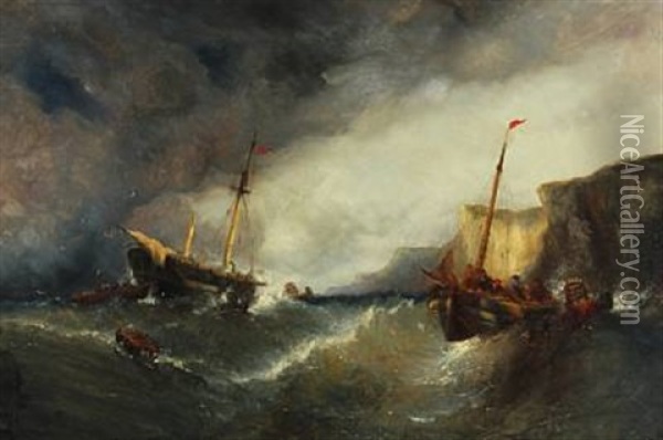 Life Boats By A Grounded Ship At High Seas Oil Painting - William Callcott Knell