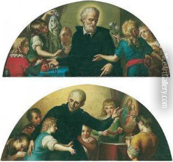 A Priest Holding A Rosary, Surrounded By Children Oil Painting - Antonio Cavallucci