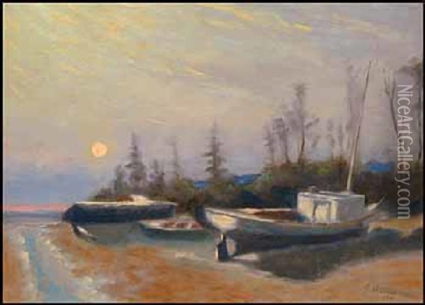 Fishing Boats, Allens Creek Oil Painting - John A. Hammond