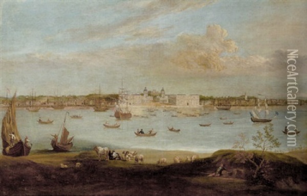 Extensive View Of The River Bank At Greenwich, Showing The Seamen's Hospital And The Royal Observatory Oil Painting - Antonio Joli