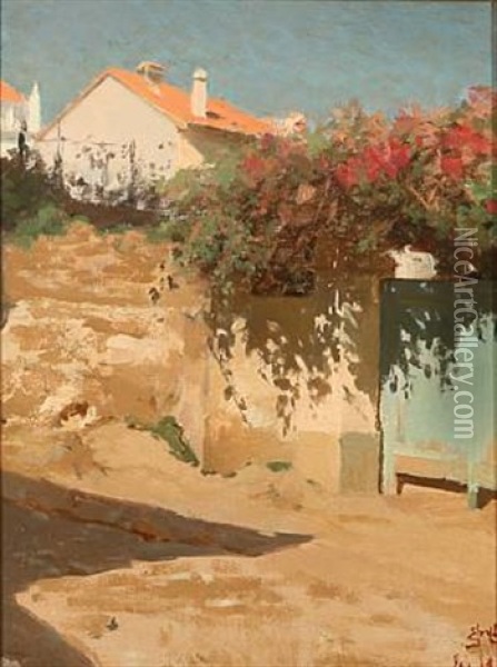 Street Scene From Southern Europe With Colorful Flowers Growing Over A Garden Wall Oil Painting - Erik Ludwig Henningsen