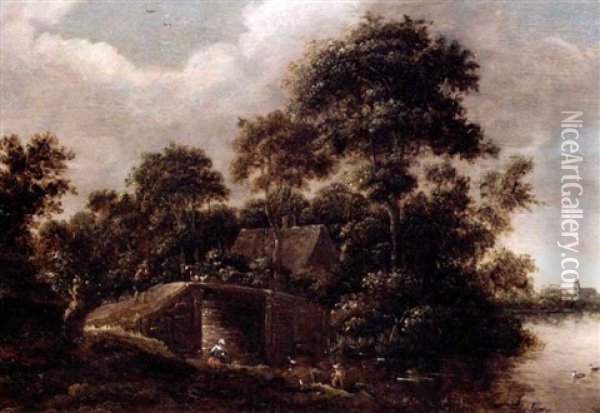 A River Landscape With A Fisherman Sitting By The River, A Cottage In The Forest Beyond Oil Painting - Salomon Rombouts
