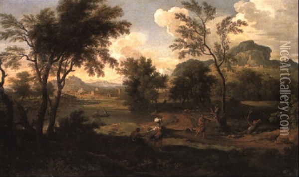 A Classical River Landscape With Travellers On A Path Oil Painting - Jacob De Heusch