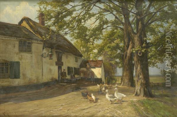 The Ferry Inn,wilford, Nottingham, With Figures, Horse, Dog, Geese And Chickens Oil Painting - Arthur Walker Redgate