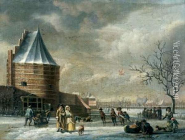 Paysage D'hiver, Scene De Patinage Oil Painting - Warnaar Horstink