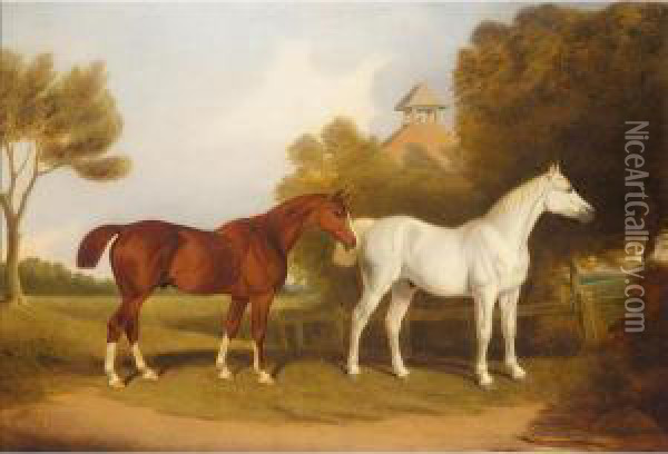 A Chestnut Stallion And A Grey Stallion Oil Painting - T. Temple