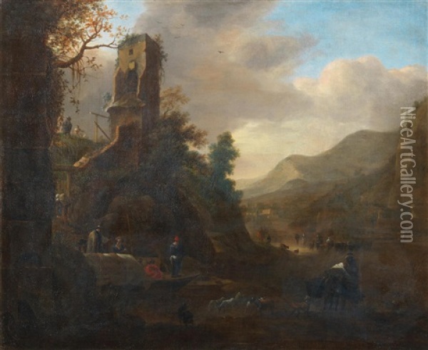 A River Landscape With Drovers And Their Herd Oil Painting - Nicolaes Petersz Berchem