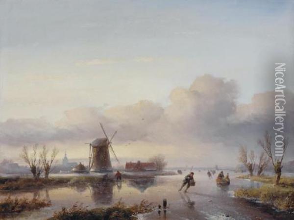 A Winter Landscape With Figures Skating On A Frozen Waterway Oil Painting - Jan Jacob Coenraad Spohler