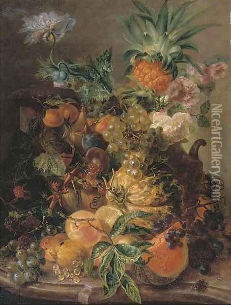 Peaches, plums, grapes, lemons, a melon, a pineapple and rosehips on a stone ledge with a bee Oil Painting - Paul-Theodor Van Brussel