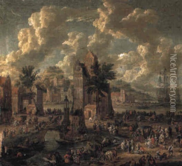 A Capriccio Of A Harbour With Numerous Figures Oil Painting - Pieter Bout