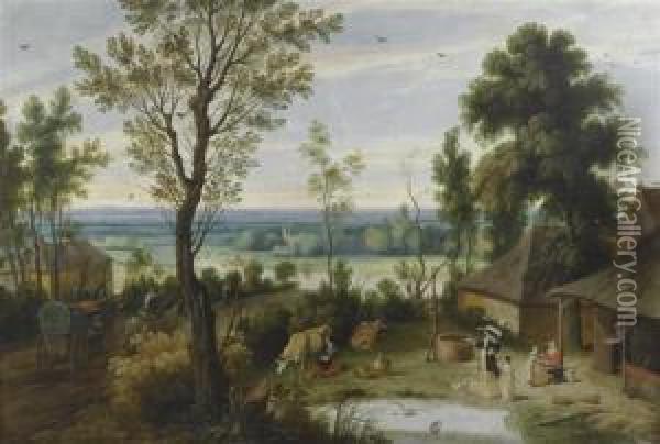Landscape With An Elegant Lady Visiting A Farmyard. Oil Painting - Jan Wildens
