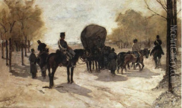 Soldiers With Horses Near A Forest Oil Painting - Giovanni Fattori