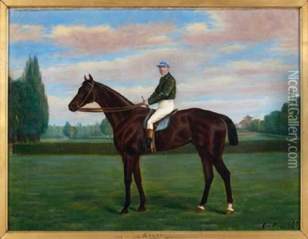 Portrait Du Cheval Arlay Et Son Jockey Oil Painting - Geo Arnull