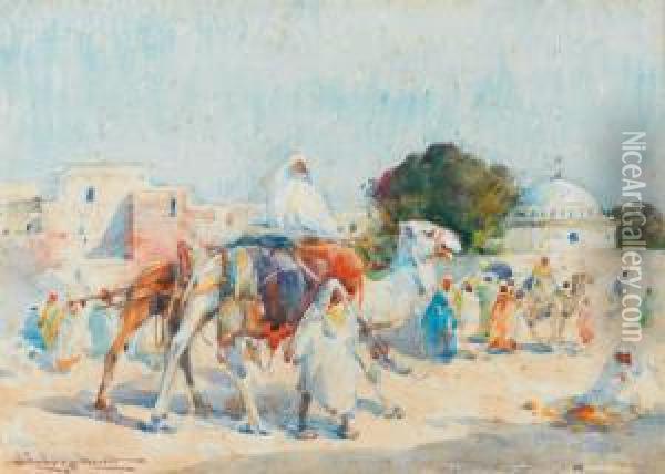 Arabes Et Chameaux E L'exterieur D'un Village Walled Oil Painting - Edward Aubrey Hunt