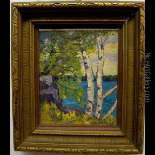 Lake Through Birch Trees Oil Painting - Herbert William Wagner