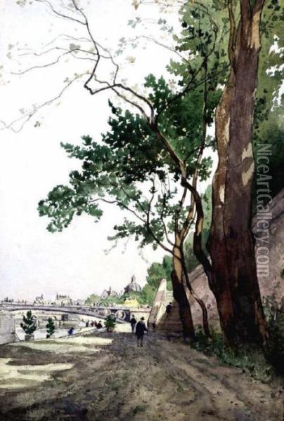 The Seine At Paris Oil Painting - Henri-Joseph Harpignies