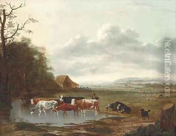 An extensive landscape with a herdsman and cattle Oil Painting - Anthonie Van Borssom