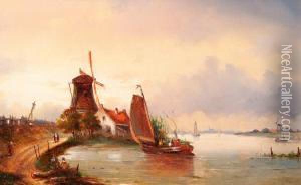 Activities By An Estuary Oil Painting - Jacob Ten Hagen