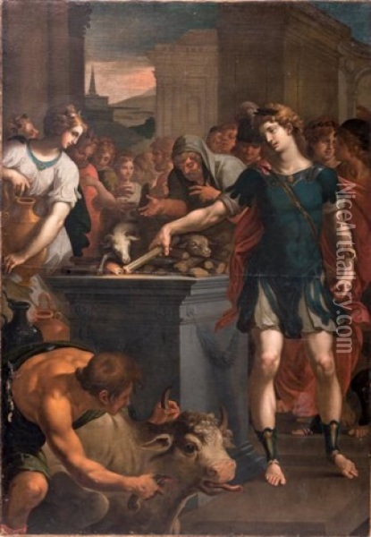 Le Sacrifice Des Thessaliens Sur Le Tombeau De Neoptoleme A Delphes Oil Painting - Ambroise du Bois