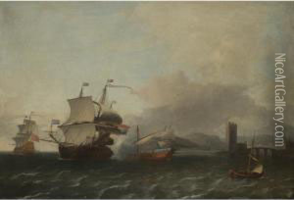 Dutch And English Shipping Off A
 Mediterranean Coast, With A Man-o'-war Firing A Salute To A State Barge Oil Painting - Aernout Smit