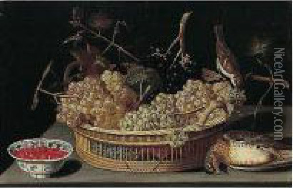 A Still Life Of A Basket Of 
Grapes, With A Sparrow And A Thrush And Fraises-de-bois In A 
Blue-and-white Porcelain Bowl Upon A Table Top Oil Painting - Francesco Codino