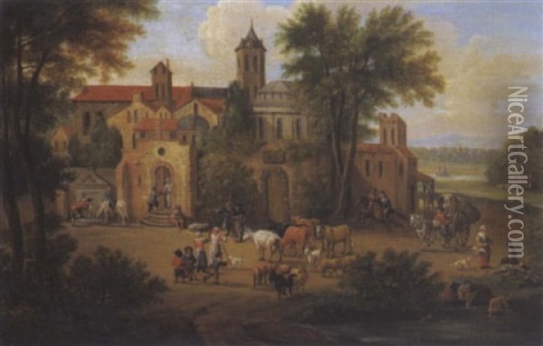Bauern Und Eine Viehherde Vor Einem Kloster Oil Painting - Adriaen Frans Boudewyns the Elder