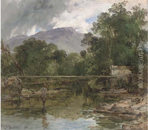 Anglers In A River Landscape Oil Painting - James B. Dalziel