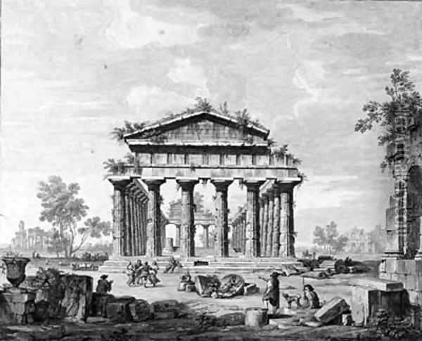 The temple of Juno at Paestum; and The Basilica at Paestum Oil Painting - Luigi Balugani