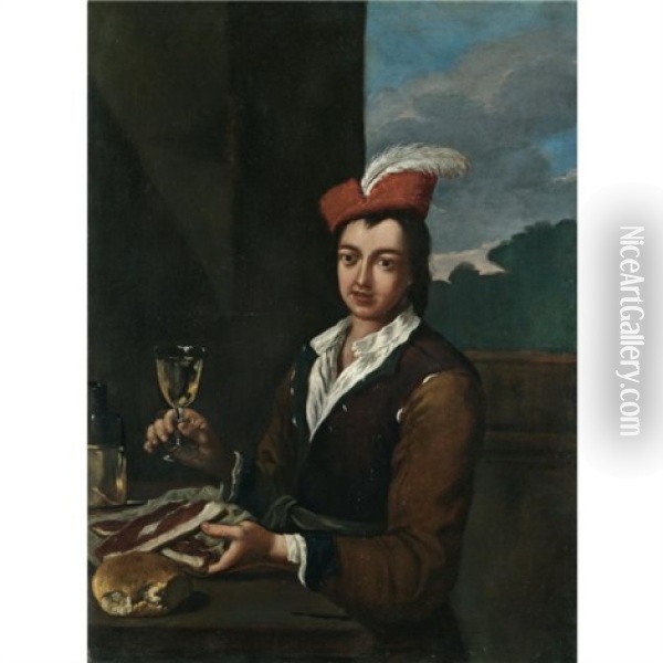 Portrait Of A Boy Seated At Table Holding A Glass Of Wine And Two Steaks Oil Painting - Antonio Mercurio Amorosi