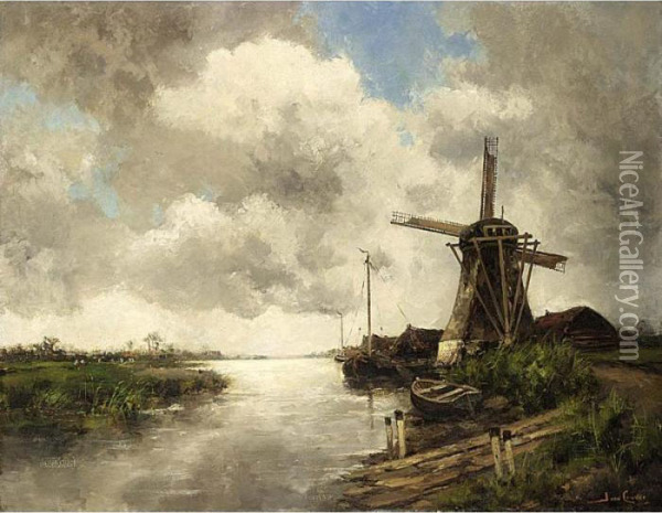A Windmill In A Polder Landscape Oil Painting - Hermanus Jr. Koekkoek