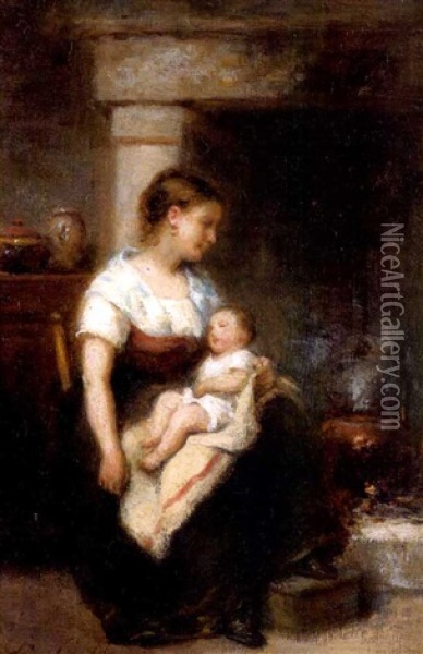 Mere Et Enfant Devant L'atre Oil Painting - Leon Emile Caille