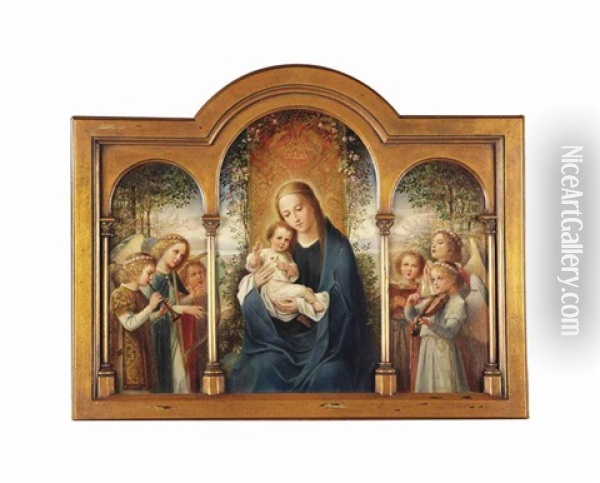 The Virgin And Child (central), Three Angels Playing The Harp And The Flute (left), Three Angels Playing The Lute And Singing (right Wing) Triptych Oil Painting - Friedrich Franz Stummel