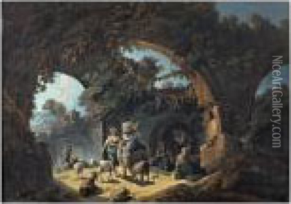 Des Bergers Et Leur Troupeau A L'abri Sous Des Ruines Dans Un Paysage Oil Painting - Jean-Baptiste Pillement