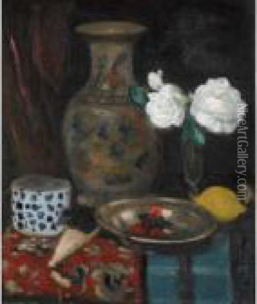 Still Life With A Chinese Vase, Bowl Of Cherries And White Roses Oil Painting - George Leslie Hunter