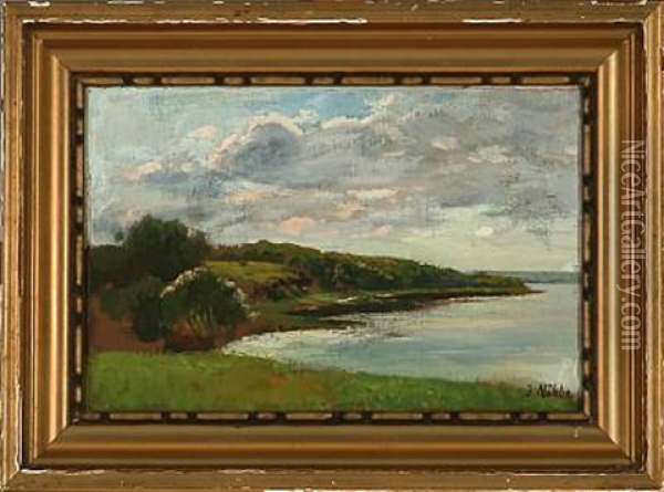 Fiord Scene On Calm Summer Day Oil Painting - Jacob Nobbe