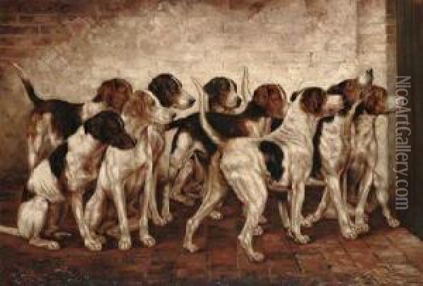 Hounds In A Kennel Oil Painting - Fannie Moody