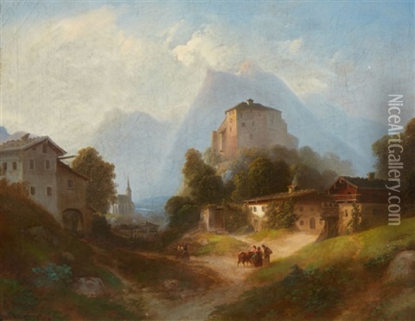 Alpine Landscape With A Castle And Village Oil Painting - Franz Barbarini