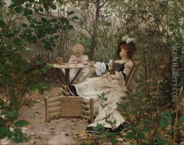 Gouter Dans Le Jardin Oil Painting - Edouard Toudouze