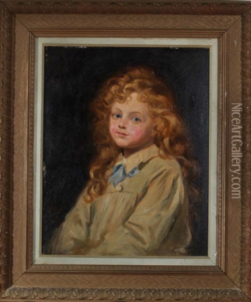 A Portrait Of A Fair-haired Young Girl Wearing A Smock With A Light-blue Bow At The Collar Oil Painting - Ralph Hedley