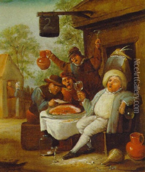 Peasants Eating And Drinking Outside The Swan Inn Oil Painting - Egbert van Heemskerck the Younger
