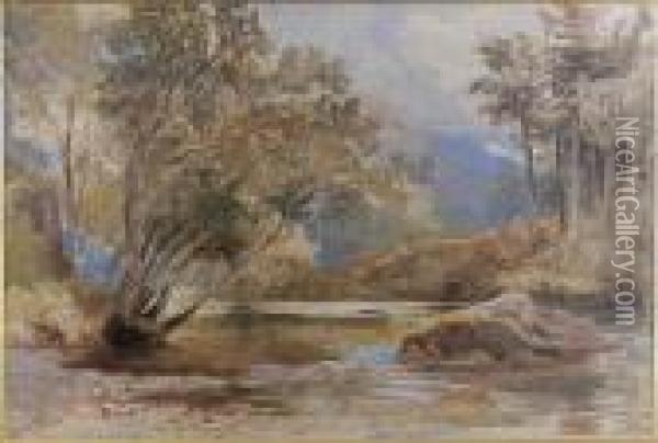 Summer River Landscape With Distant Mountains Oil Painting - David Hall McKewan