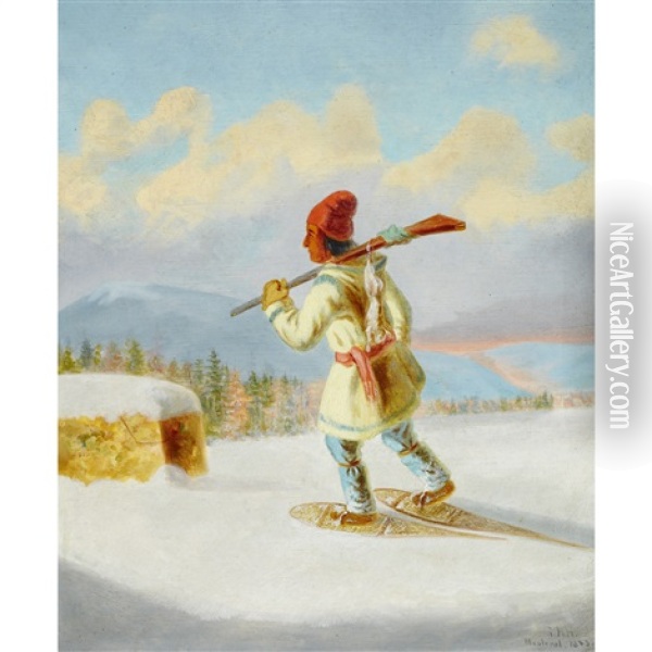 Indian Hunter On Snowshoes Oil Painting - George Hart Hughes