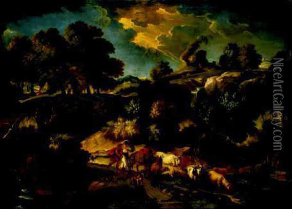 Paesaggio In Tempesta Con Pastori E Armenti Oil Painting - Pieter the Younger Mulier