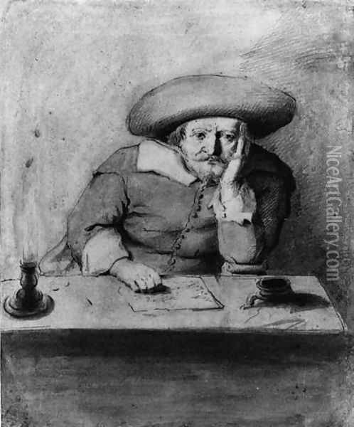 A pondering Man in a Hat at a candle-lit Table Oil Painting - Jan Lievens
