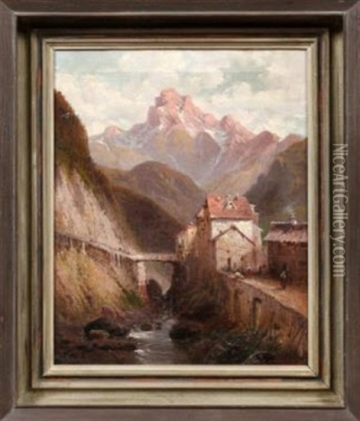 Village In A Mountain Oil Painting - John Califano