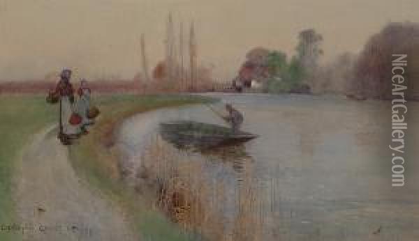 A Young Girl And Her Mother By The Thames. Oil Painting - Carleton Grant