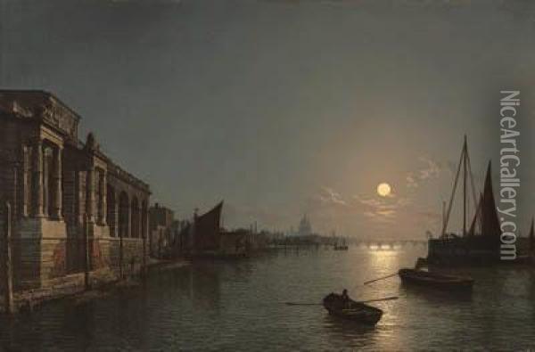 View On The Thames By Moonlight,
 With The Terrace Of Somerset Housein The Foreground, And St. Paul's 
Cathedral And The City Gatehousebeyond Oil Painting - Henry Pether