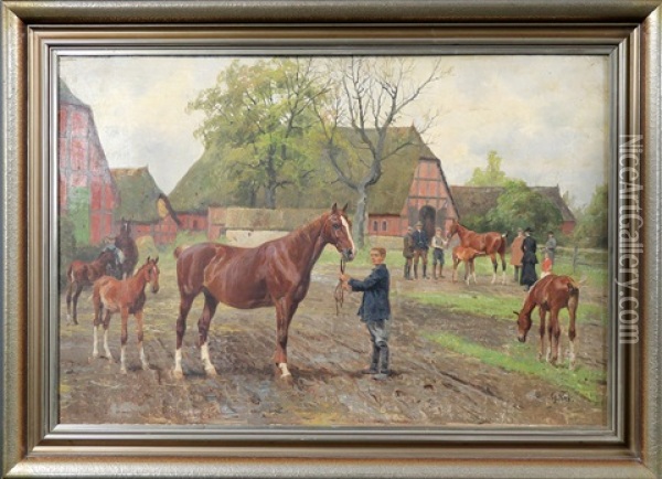 Pferdemarkt Auf Einem Gestut Mit Fachwerkhausern Oil Painting - Georg Karl Koch