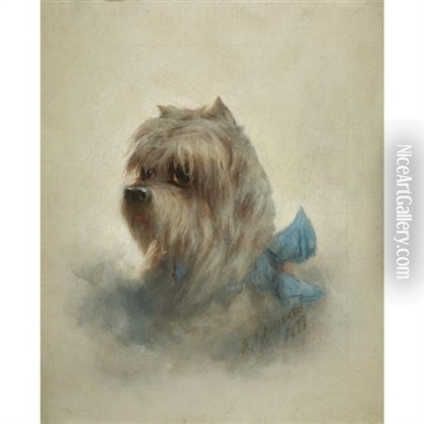 Portrait Of A Terrier With Blue Bow Oil Painting - Franklin Dullin Briscoe